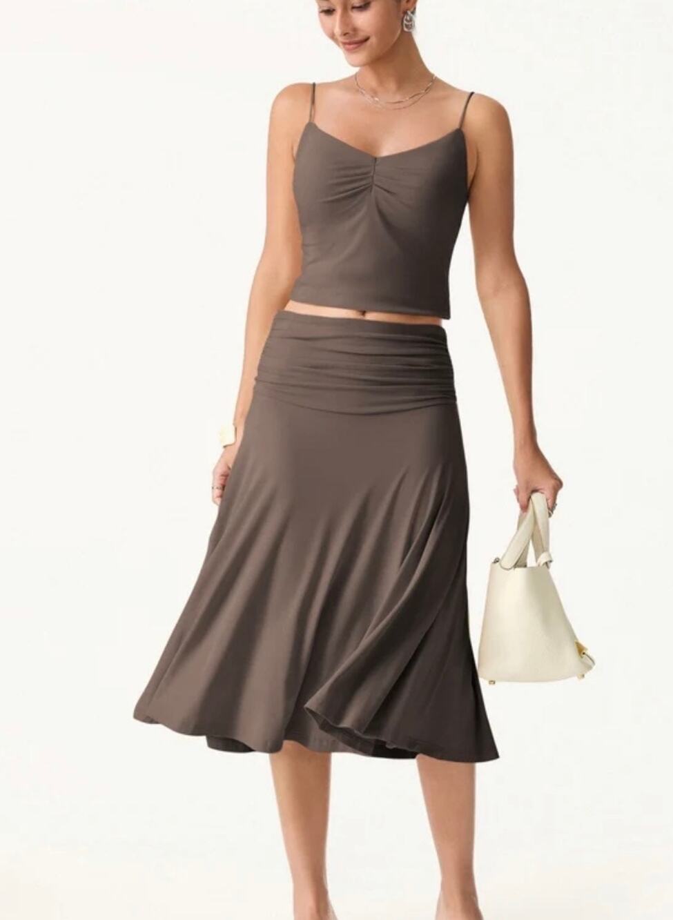 OGL Women's Size XL Iced Mocha Flowy Side Ruched A-Line Midi Skirt Casual